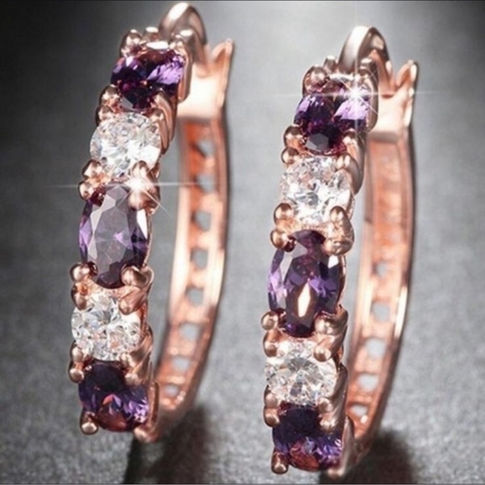 Purple Amethyst and Diamond Rose Gold Hoop Earrings